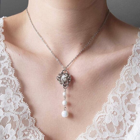 Hand Crafted Jewelry - Gothic white pearl rosary necklace with a small silver chain